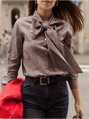 Brown Gingham Bow-Tie Blouse - Women's Top